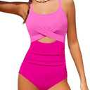 TyeSmo Girl Swimsuit One Piece Cutout Ruched Bathing Suit for Girls V-Neck Color Block Adjustable Straps Pad Swimwear 9-16y