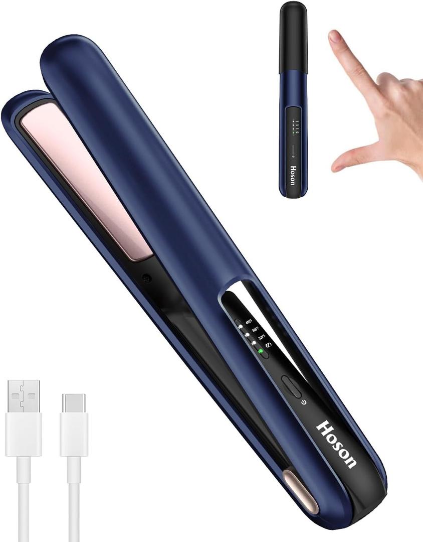 Hoson Cordless Hair Straightener,Portable Mini Flat Iron Travel for Bangs,Short Hair, Rechargeable Curling Iron and Curler 2 in 1,Blue,for Touch Ups