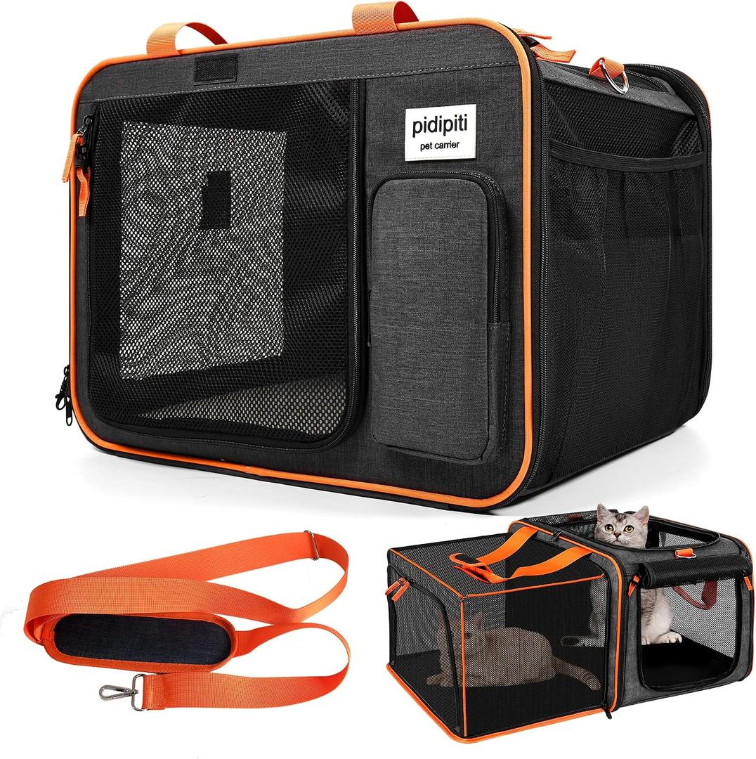 pidipiti 20x14x14 Expandable Large car Carrier for 1 Large /2 Medium Cats
pet Crate for Short Trip or Long road Travel,with zipper lock,pockets,good Visibility,leakproof.
