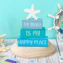 4Pcs The Beach is My Happy Place Table Signs Starfish Beach Wooden Tabletop Centerpiece Blue Rustic Summer Decorations for Office Home Shelf Mantel Tiered Tray Decor