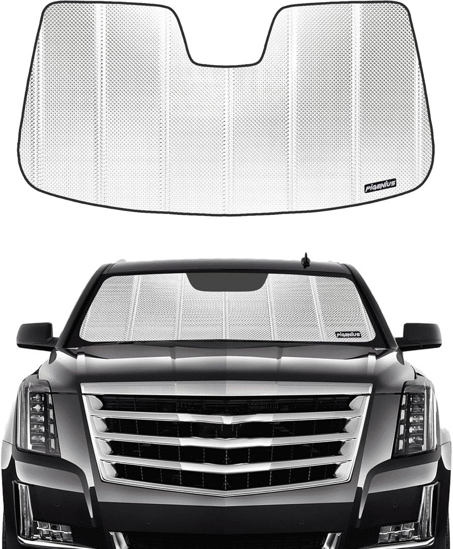 Windshield Sun Shade for 2015-2020 Cadillac Escalade/Escalade ESV, 2015-2020 Chevrolet Suburban/Tahoe, 2015-2020 GMC Yukon/Yukon XL. Front Window Sunshade with Storage Bag (Classic Shiny Silver)