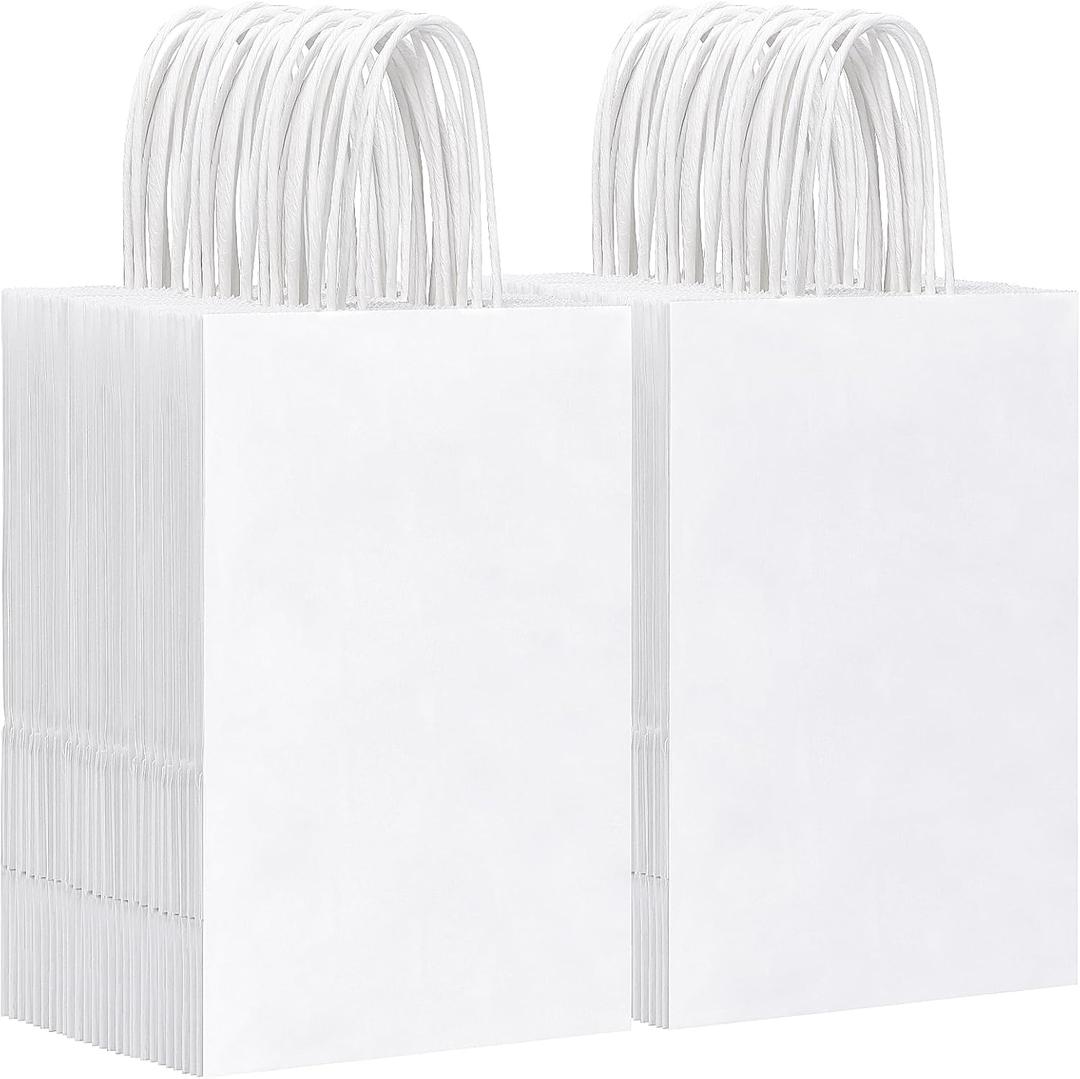 OUTUXED 150pcs White Paper Bags with Handles, 5.25x3.2x8 Inches Small Gift Bags Bulk for Shopping, Birthday, Wedding, Merchandise and Business Party