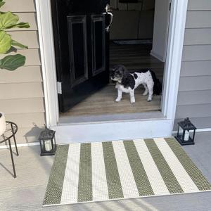 LEEVAN Door Mat Outdoor Entrance 24''x35'', Washable Striped Front Porch Rug, Green and White Buffalo Welcome Mat, Spring Outside Entryway Rugs, Cotton Woven Indoor Outdoor Layered Doormats