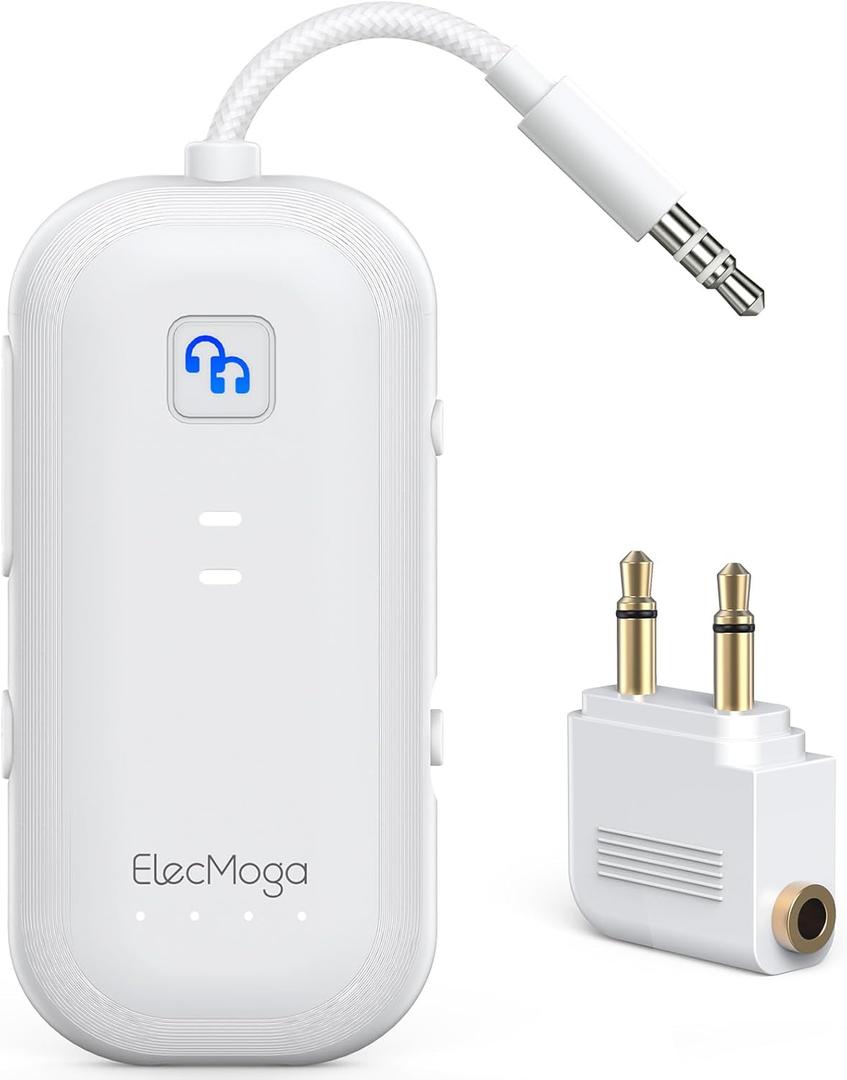 2025 Upgraded Airplane Bluetooth 5.4 Transmitter with aptX Adaptive, ElecMoga Airplane Travel Essentials Supports 2 AirPods or Headphones, 2-in-1 AUX Wireless Transmitter Receiver for TV, Car, White