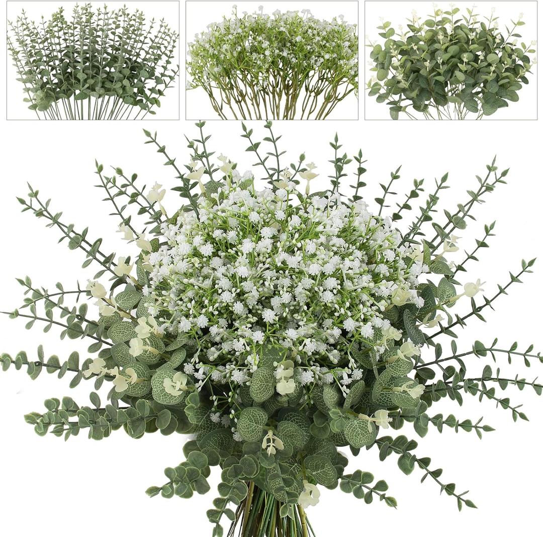 lovemoon Mixed Greenery Artificial Eucalyptus Stems, Baby Breath Artificial Flowers Bulk and Eucalyptus Leaves for Wedding Bouquets Home Office Floral Decor (100, Green and White)