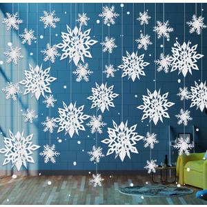 24PCS Snowflake Christmas Decorations, 3D Large White Paper Snowflakes Garland Hanging Snow Flakes for Winter Wonderland Christmas Party Decorations Holiday New Year Home Decor, Antiquewhite