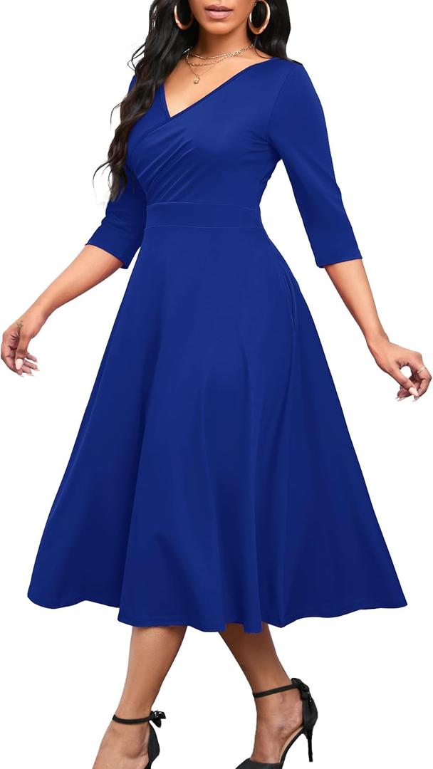Nmoder Women's Casual Wrap Flared Midi Dress Wedding Guest Cocktail Tea Dresses A-Line Swing V-Neck 3/ 4 Sleeve Royal Blue L