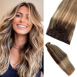 Human Hair Clip in Extensions, Real Hair Extensions Clip in Human Hair Extensions 20 Inch Balayage Brown to Blonde Extensions Clips on Hair 7pcs 70G (#4P27)