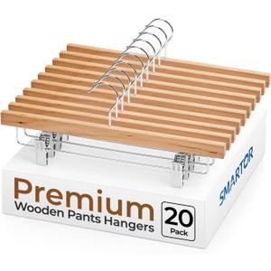 SMARTOR Natural Wooden Pants Hangers 20 Pack, Heavy Duty Skirt Hanger with 2-Adjustable Clips, Space Saving Shorts Hanger with 360Swivel Hook, Essential College Dorm Hangers for Jeans, Trousers