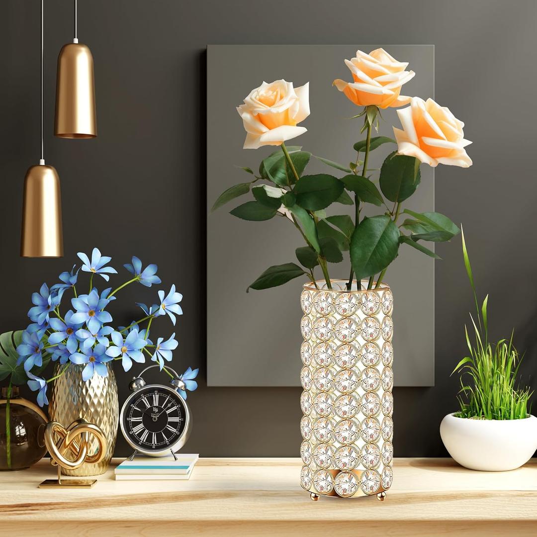 12 Pcs Gold Crystal Flower Vase and Pillar Candle Holder Set, 7.87" Metal Cylinder Stand for Wedding Table Centerpieces, Flower Arrangements, Christmas Party, Event Decor, and Gifts