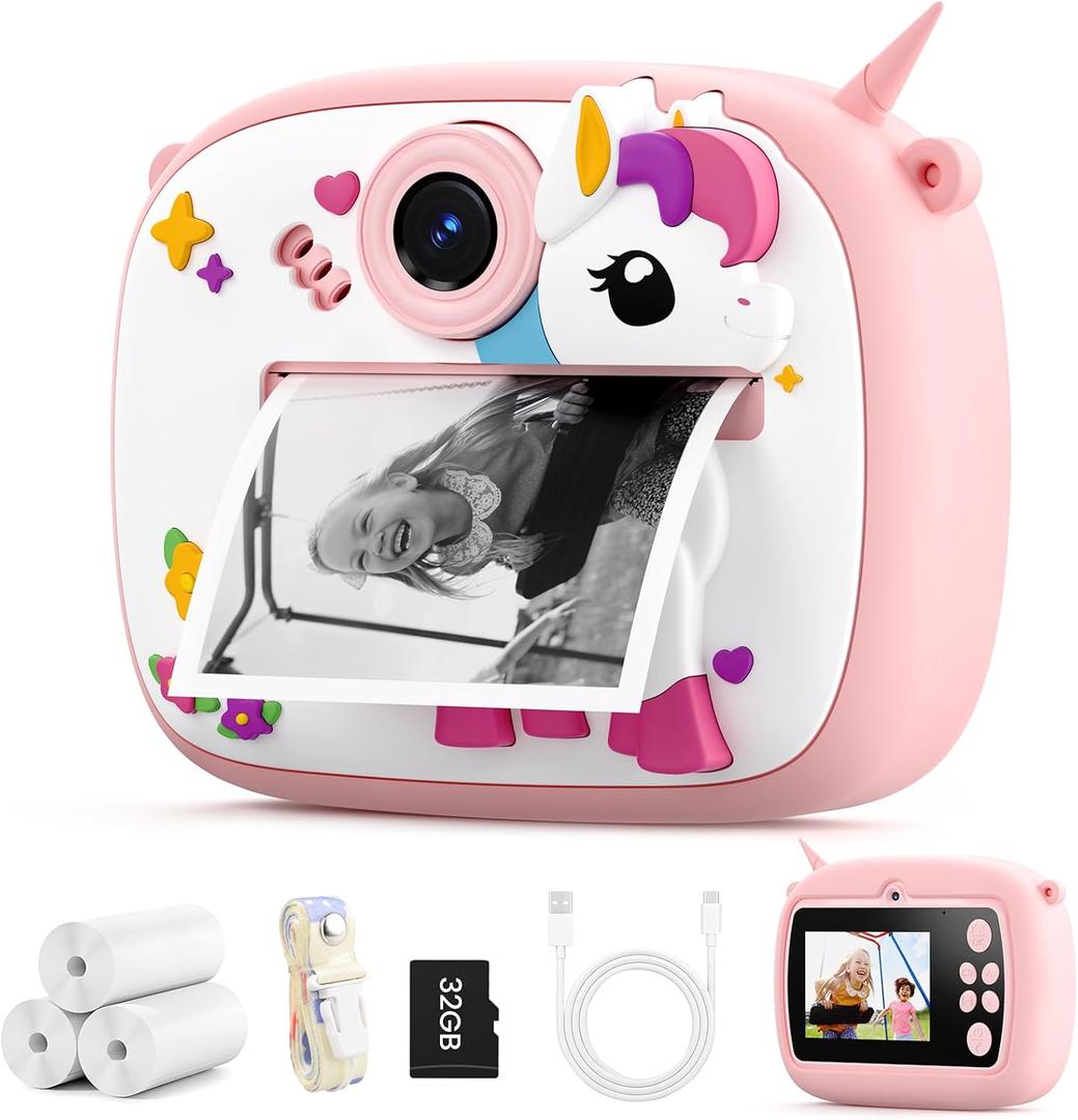 YOZISS Kids Camera Instant Print, Digital Camera for Kids, Christmas Birthday Gift for Boys Girls 3-12 with Silicone Cover, Selfie Cam No-Ink Instant Print with SD Card & 3 Rolls Paper (Pink)