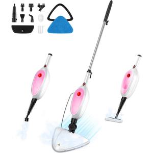 Steam Mop & Detachable Handheld Steamer 2-in-1 Design, 20s Fast Heat-Up, 16FT Power Cord, 10-in-1 Multi-Purpose Steam Cleaner for Hardwood Floors/Carpet/Tile/Grout/Window/Stove for Deep Home Cleaning (Pink)