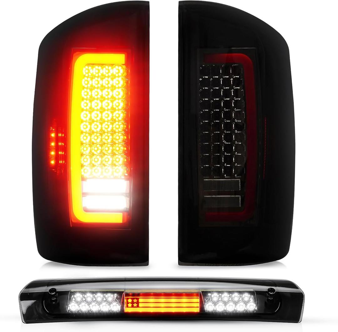 Tresound Tail Light + 3rd Brake Cargo Lamp for 2007-2008 Dodge Ram 1500, 2007-2009 Ram 2500 3500, Third High Mount Stop Light Rear LED Taillight Assembly, 55277302AC 55277303AC (Chrome)