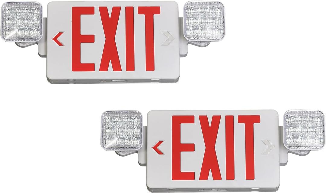 TANLUX Red Exit Sign With Emergency Lights, LED Light With Battery Backup, UL Listed, AC 120/277V, Commercial Combo for Business - 2 Pack (White Housing+Red Letter)