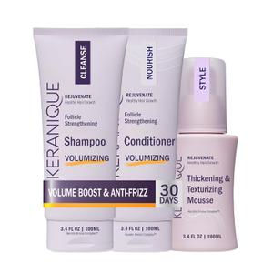 Keranique VOLUME BOOST & STYLE TRAVEL KIT - Anti-Frizz Heat Protection System for Women with Thinning Hair - Includes Keratin Shampoo, Conditioner, and Thickening Mousse, Enhances Volume and Texture