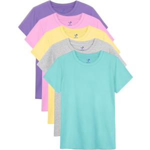 YERIOK 5 Pack Girls Shirts Short Sleeve Shirt for Girls Soft Cotton Tees Kids Tshirts Clothes Summer Tops T-Shirt (14-16 Years, Light Yellow, Pastel Pink, Mint Green, White Gray, Purple)