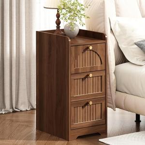 11.02" Narrow Nightstand, Fluted Slim Bedside Table with 2 Drawers, Mid Century Modern Small End Table with Gold Metal Handles, for Bedroom, Living Room & Small Spaces - Walnut, 13.78"D x 11.02"W x 23.62"H