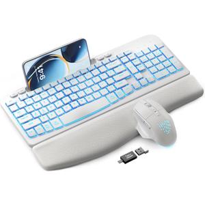 SABLUTE Wireless Keyboard and Mouse Combo - Ergonomic Wave Keyboard with Soft Leather Wrist Rest, Phone Holder, Rechargeable, RGB Backlit Mouse, Full-Size Set for Windows/Mac/Computer (White)