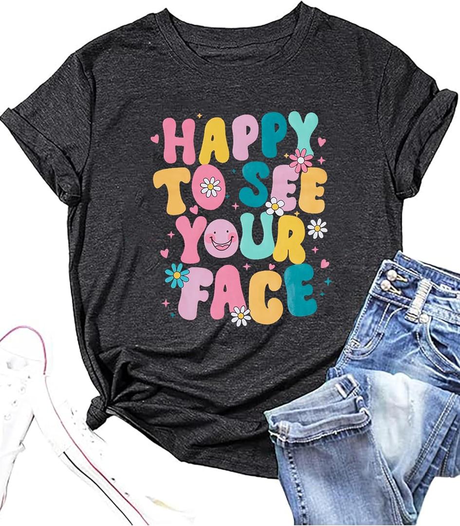 ALLTB First Day of School Shirt Happy to See Your Face Shirts Women Back to School T-Shirt Teacher Life Tee Tops (Medium, Grey)