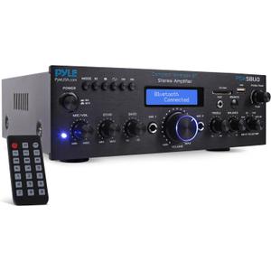 Pyle 200W Audio Stereo Receiver - Wireless Bluetooth Power Amplifier Home Entertainment System w/ AUX in, USB Port, 2 Karaoke Microphone Input, Remote, Black - PDA5BU.0