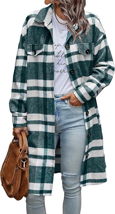 PRETTYGARDEN Women's Plaid Shacket Jacket Fall Fashion 2026 Long Sleeve Button Up Flannel Shirt Winter Clothing Woolen Coats