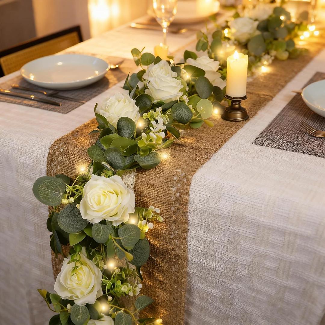 2 Pack 5.9 FT Artificial Flower Garland with Lights, Fake Floral Garland with 12 White Roses, White Flower Decorations for Arch Table Centerpieces Backdrop Party Home Wedding Decorations