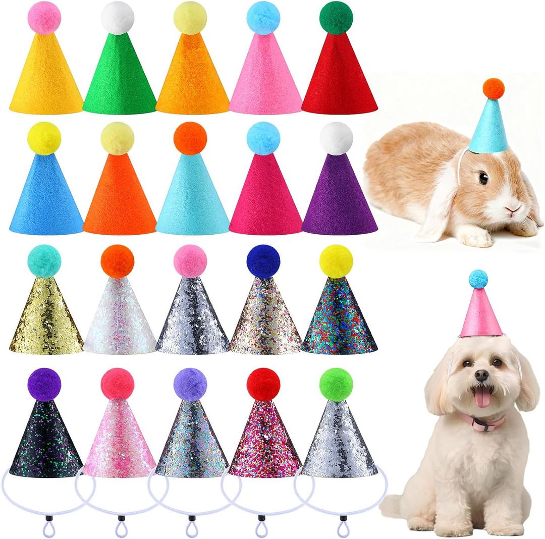 Tegeme 20 Pcs Mini Party Hats for Stuffed Animals Felt Glitter Birthday Party Cone Hats Multicolor Tiny Hat with Pom Pom for Pet Dog Cat Rabbit Doll Animal Figure Assorted Decoration Costume Accessory