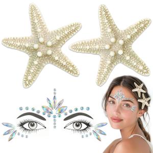 U-Goforst Starfish Hair Clips and Face Gems Set, Mermaid Accessories, 3 in 1 Little Mermaid Costume for Women Girls Adult, Mermaid Hair Face Jewels Stick on Stickers Accessories, 2 Pack