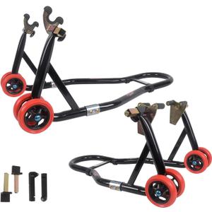 Motorcycle Front and Rear Stand Combo, Fits Most 17" Sport and Street Bikes with 4 Adapter Options, Reinforced Stable Lift for Garage Maintenance, Pre-Assembled Wheels 850 LBS Capacity