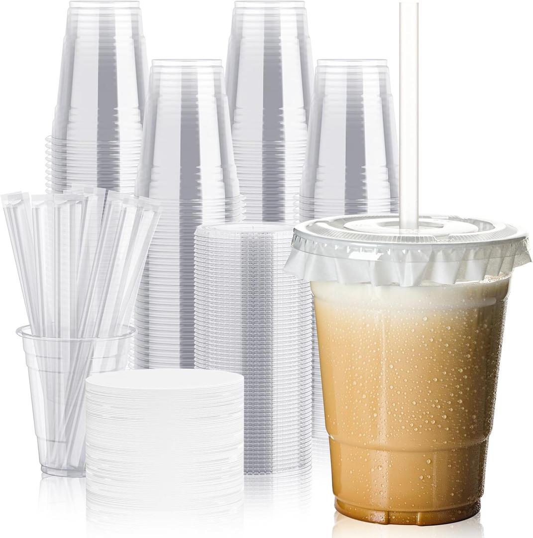JOLLY CHEF 100 Pack 16 oz Clear Plastic Cups with Lids and Straws, Disposable Iced Coffee Cups with Lids for Smoothies, Milkshakes, Cold Drinks, Includes Paper Lid Liners