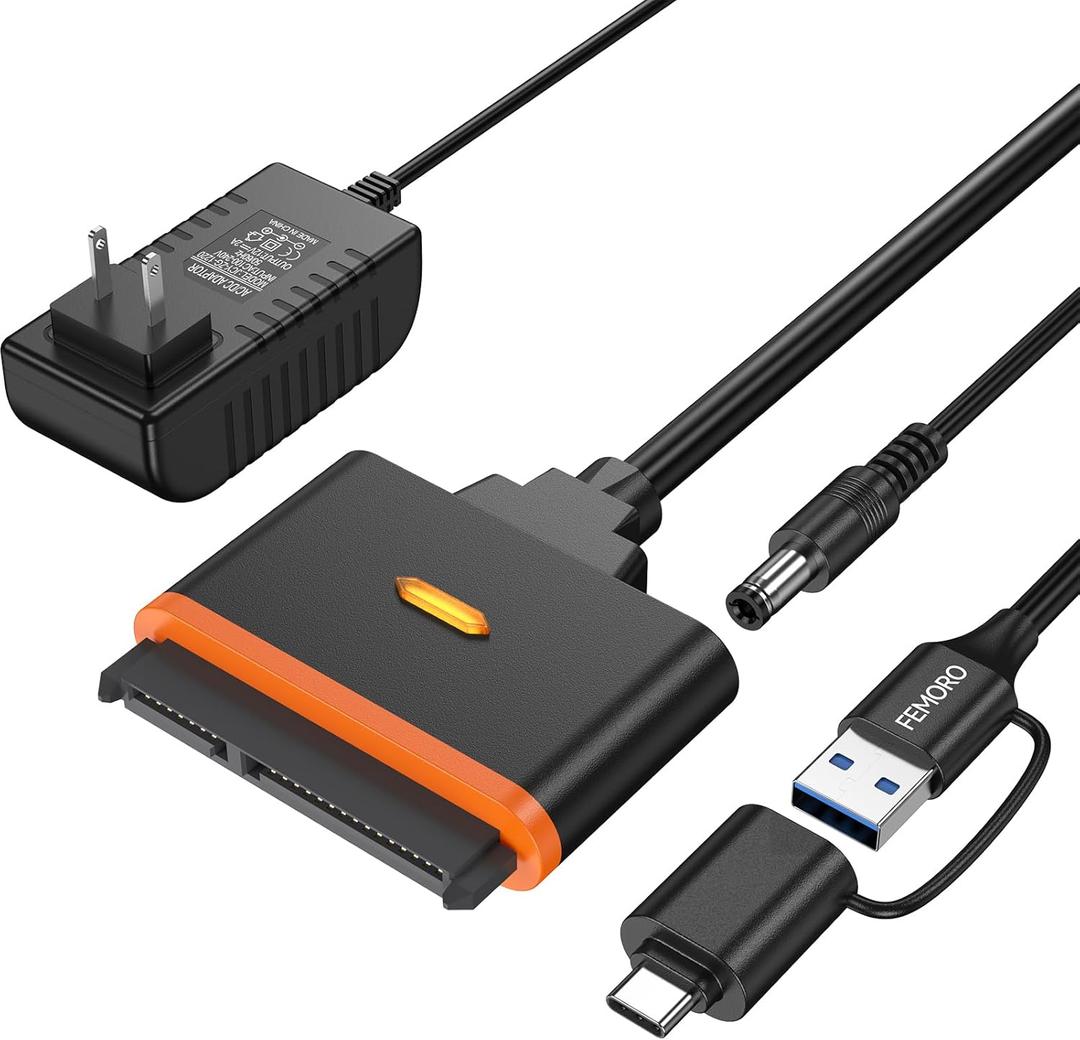 SATA to USB Adapter with Power Supply and USB C Converter, SATA Hard Drive Reader for Internal 2.5'' SSD 3.5'' HDD, up to 20TB, SATA III Support UASP Compatible with Seagate WD Toshiba and more