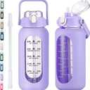 64oz Glass Water Bottles with Straw, Half Gallon Motivational Glass Bottle with Silicone Sleeve and Time Marker, 2L Leakproof Large Glass Water Jug for Gym Home Office, Purple