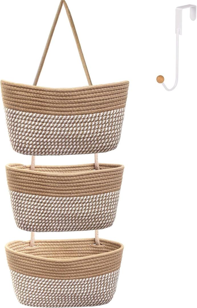 Over the Door Hanging Basket for Organizing 3 Tiers Woven Cotton Rope Wall Mount Storage basket Decorative Kitchen Hanging Organizer Bathroom include 1 door hook Flaxen Stripe