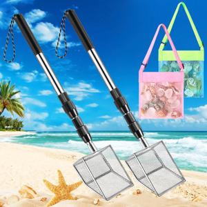 4pack Shark Tooth Sifter, Shell Scooper for Beach with Seashell Bags, Retractable Long Handle Sand Dipper Shovel Tool for Adults and Kids, Shark Teeth Scoop for Picking Up Shells and Rocks