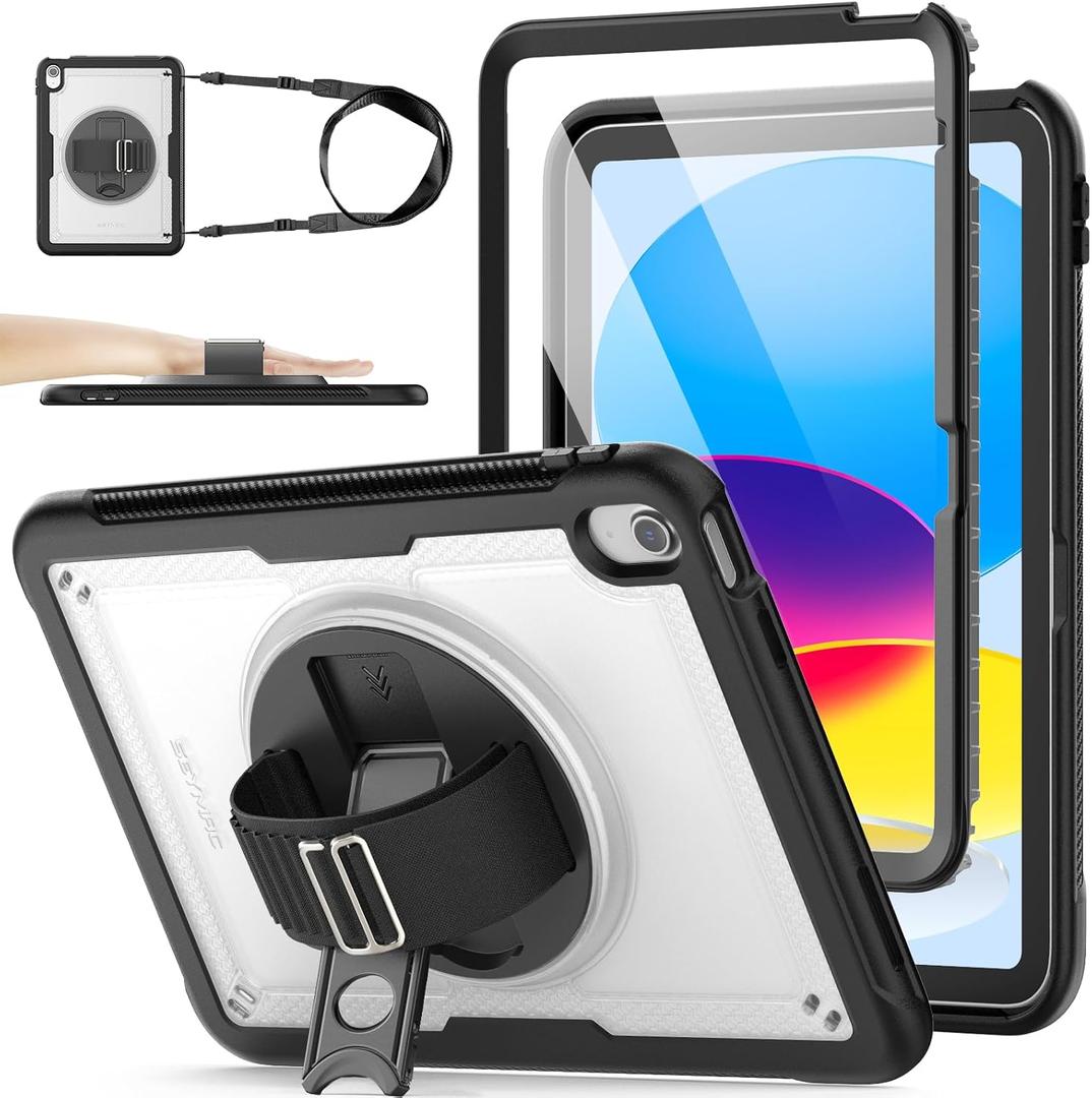 SEYMAC stock Case for iPad A16 11-inch Case 2025/ for iPad 11th/ 10th Generation 10.9'' 2022, Protective with Screen Protector, Pen Holder, Rotate Stand, Loop Nylon Hand Strap, Shoulder Strap, Clear