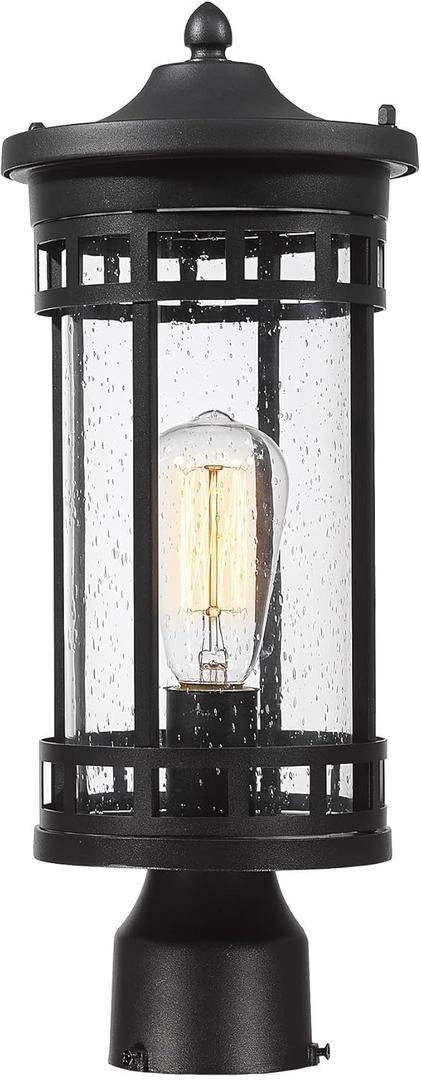 ALLGOT Outdoor Pole Lantern Light,Lamp Post Lighting Fixture,Anti-Rust Fence Post Deck Lighting, Patio Pillar Lamp for Garden, Patio, Pathway (Black, 16.9 Inch Height) (Black-Seeded Glass)