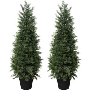 LOMANTO Outdoor Artificial Topiary Cedar Tree 3Ft UV Rated Potted Plants 2Pack Fake Tree for Porch Decor Faux Pine Plant for Housewarming