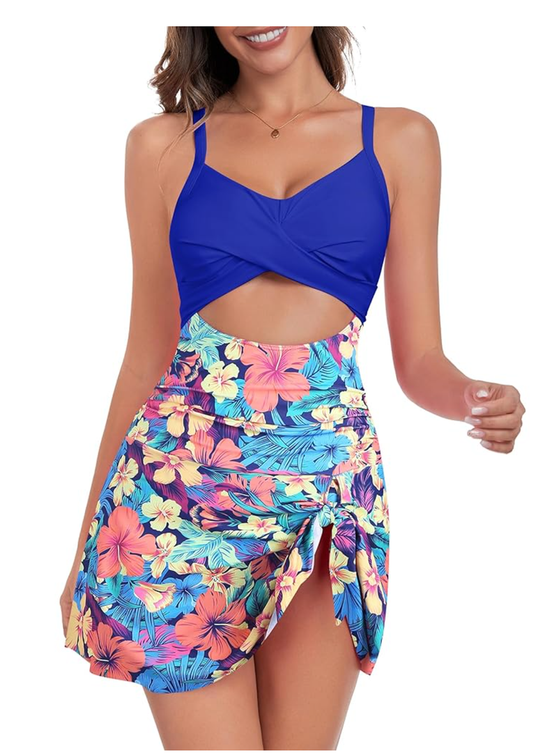 ZAFUL Women One Piece Swimdress Tummy Control Bathing Suit Push Up Swimsuit Modest Swimwear Cutout V Neck Cute Tie Knot Skirt, Size S