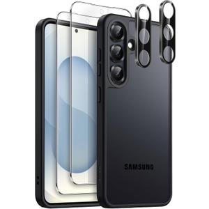 JETech 5 in 1 Matte Case for Samsung Galaxy S25 5G with 2-Pack Each Screen Protector and Camera Lens Protector, Translucent Back Phone Cover, Tempered Glass Film (Black)