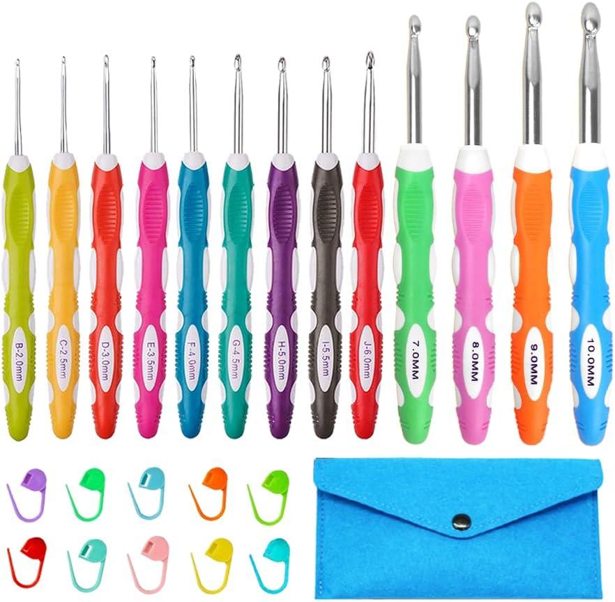 Lewhoo Ergonomic Crochet Hooks Set with Case, 13 Size Crochet Hooks for Arthritic Hands 2.0mm -10.0mm (B-N)