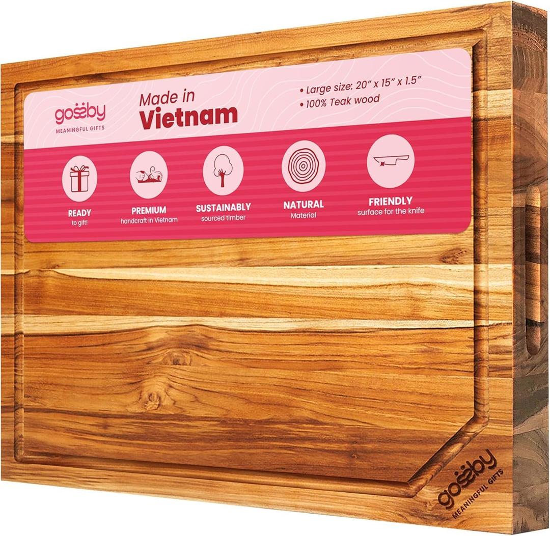 20x15x1.5 Inch Gossby Teak Wood Cutting Board  Large BBQ, Charcuterie, Meat Cutting Board for Men, Women Kitchen, Housewarming, New Home Gift  Perfect Balance Design  Deep Juice Groove  Food-safe