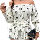 SOLY HUX Women's Bow Print Off The Shoulder Tops Tie Front Lantern Long Sleeve Blouse Shirt (S)