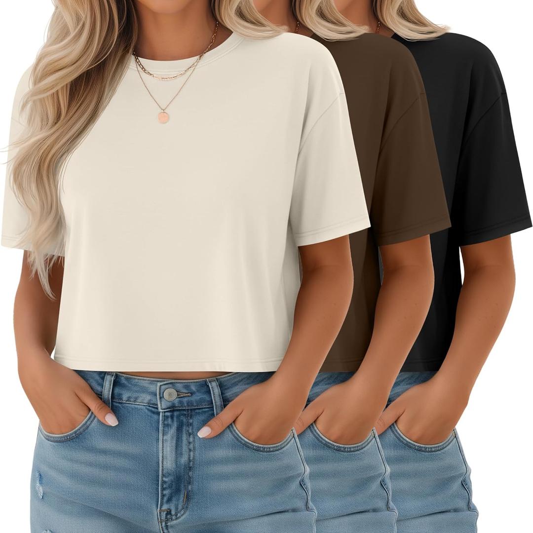Ficerd 3 Pack Women Crop Tops Half Sleeve Cropped T Shirts Casual Crew Neck Drop Shoulder Loose Summer Solid Color (White), M