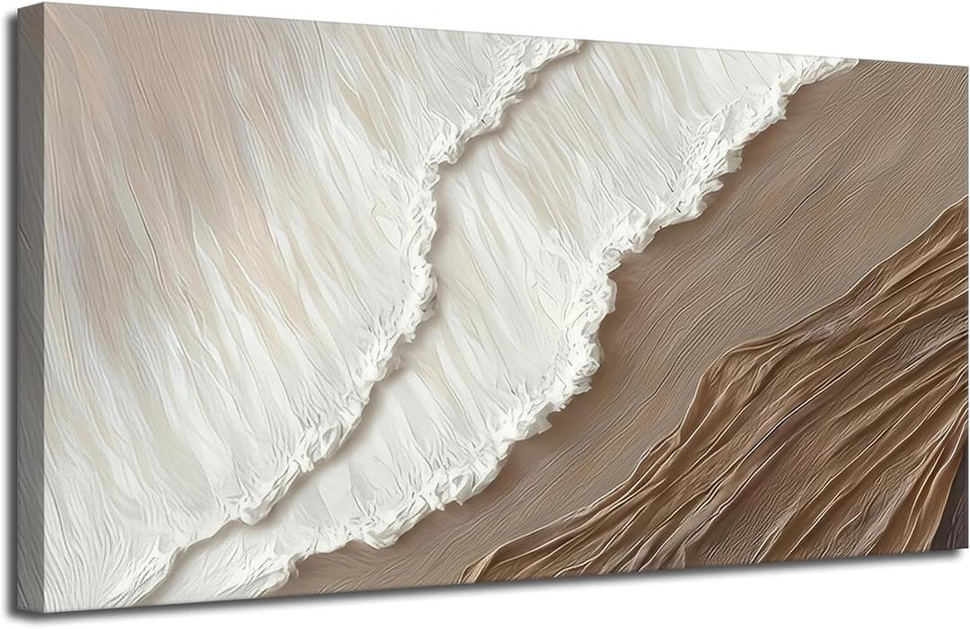 Kabcod 3D Textured Sand Beach Waves Wall Art Large Size White Brown Abstract Coastal Painting Artwork Ocean Wave Beach Landscape Oil Painting for Living Room Bedroom Decor 24X48in Ready To Hang, 48L" x 24W"
