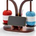 CENLYIN Yarn Holder for Crocheting & Knitting with Dual-Leg Phone/Tablet Stand, Wooden Yarn Spinner, Crochet Hook Storage Cylinder, Anti-Slip Base,for Yarn Lovers (Brown)