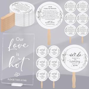 Fumete 51 Pcs Wedding Fans for Guests Including Acrylic Love is Hot Table Sign 50 Wedding Handheld Paper Fans with Wood Handles for Wedding Guests Bridal Shower Favor Party Supplies