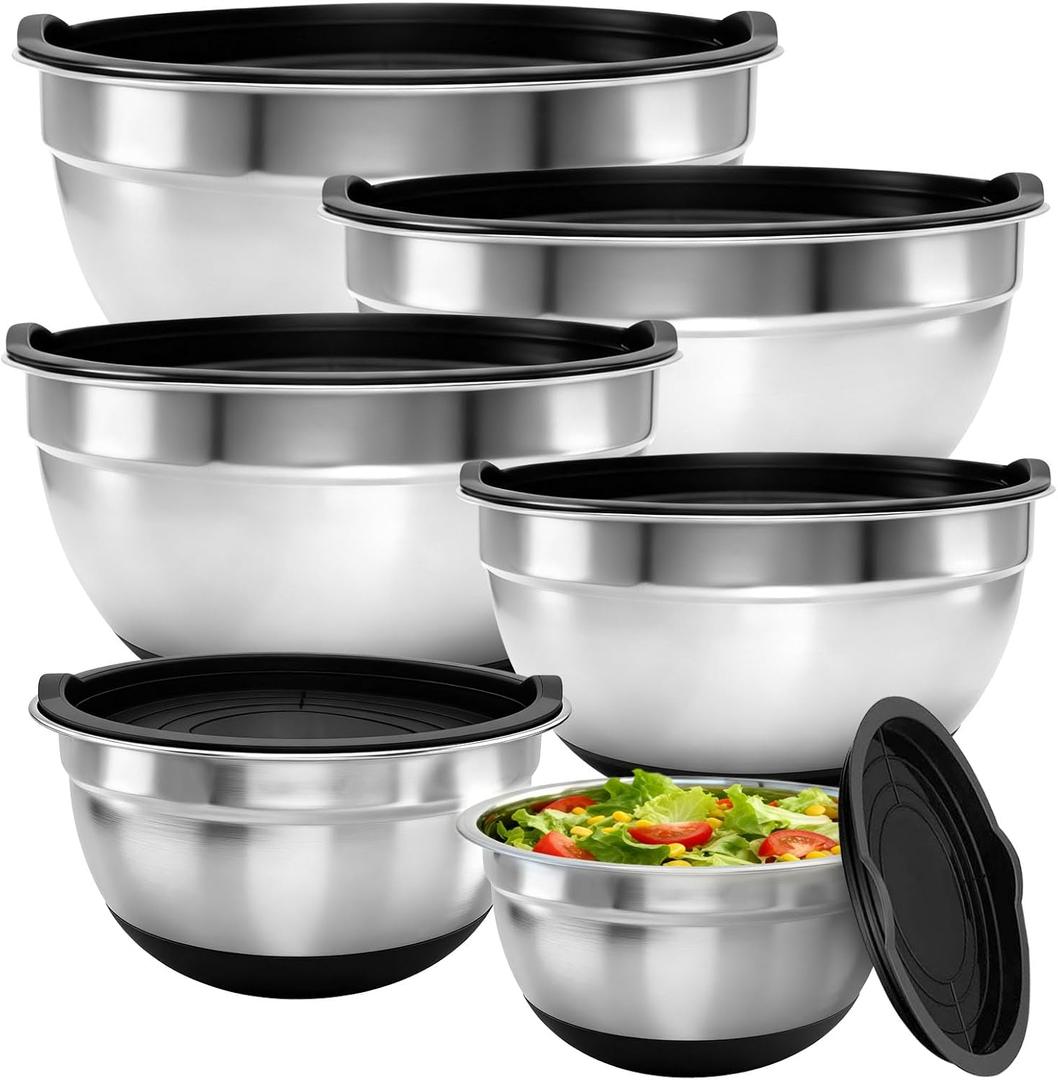 Inmorven Mixing Bowls With Lids Set, Airtight Lids, 6 piece Stainless Steel Metal Nesting Storage Bowls, Non-Slip Bottoms, Large Prep Metal Mixing Bowls for Kitchen, Black