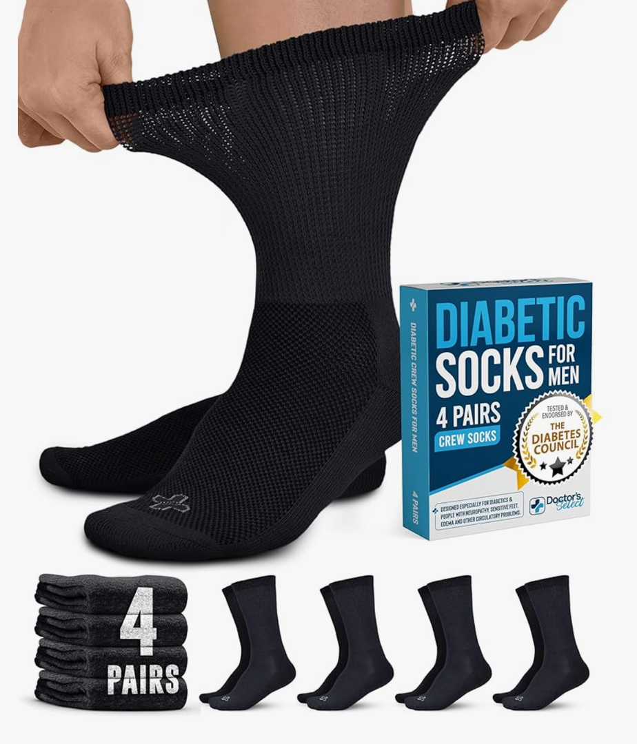 Doctor's Select Diabetic Socks for Men - 4 Pairs Crew Diabetic Neuropathy Socks for Men | Diabetic Socks for Men 9-12
