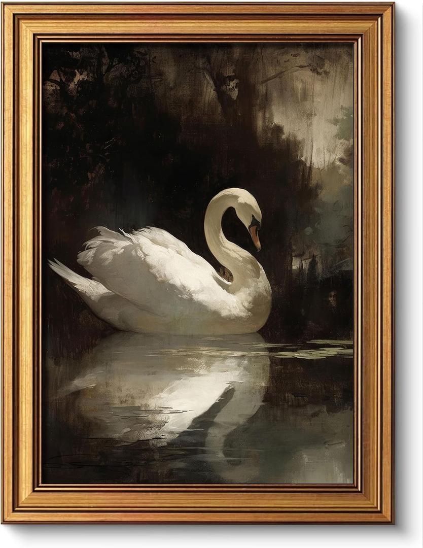 Gold Framed Vintage Wall Art for Room Decor Moody Swan Wall Decor Gothic Swan Animal Canvas Prints Painting for Living Kitchen Bathroom Bedroom Desktop Artwork 16x24 Inch