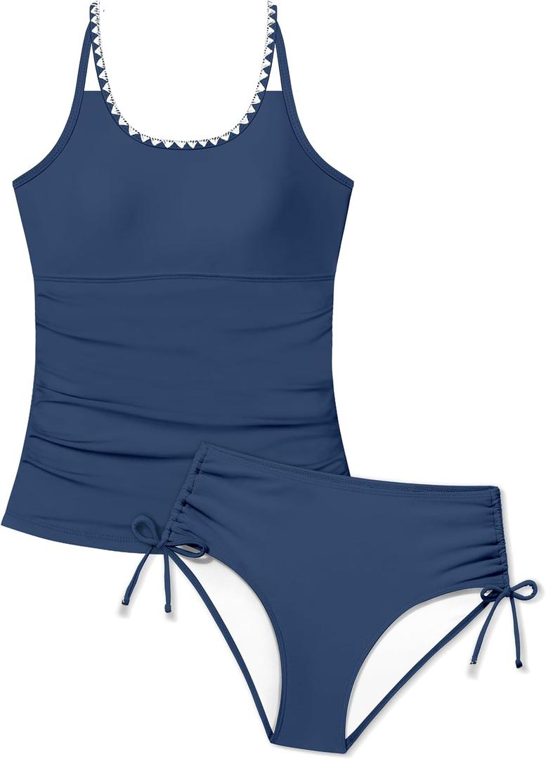 Girls Swimsuit Tankini Two Piece Bathing Suit Square Collar Cross Back Swimwear with Printed Drawstring Bottoms 9-16Y (Blue)